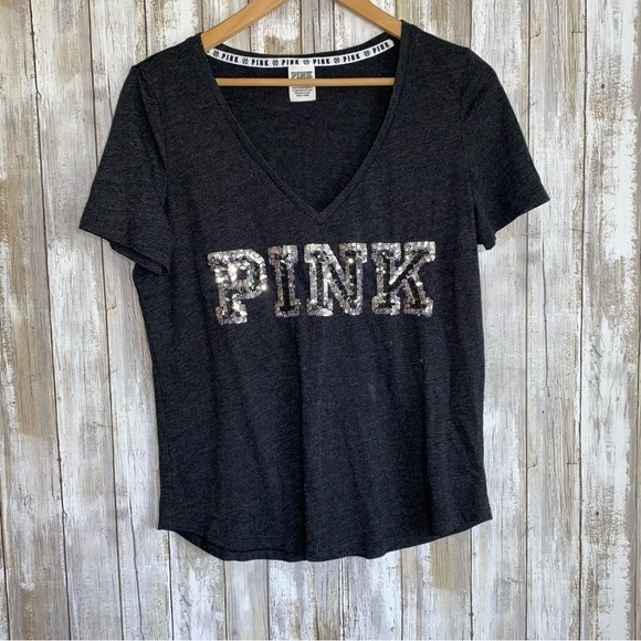 PINK Grey Bling Sequin Logo Tee - Picture 1 of 5
